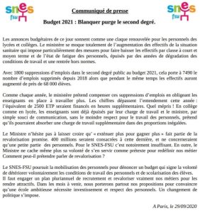 Communiqué de presse « Budget 2021 : Blanquer purge le second degré »