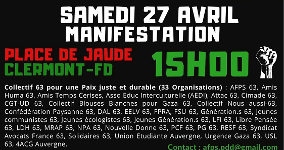 Halte au massacre à Gaza ! Manifestation samedi 27 avril 15h place de Jaude (…)