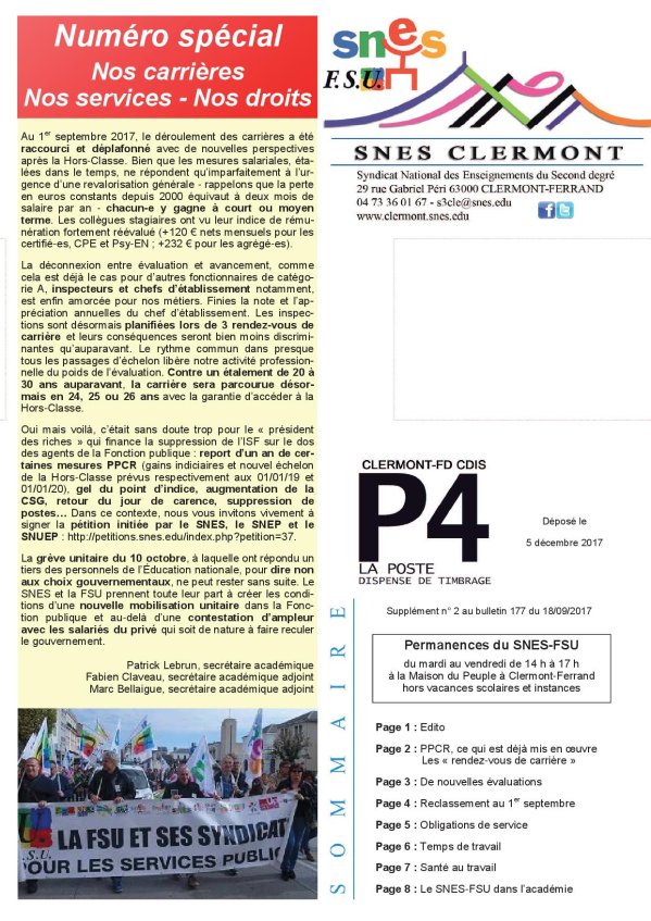 Bulletin spécial carrières - supplément n° 2 au bulletin 177 du 18-09-17