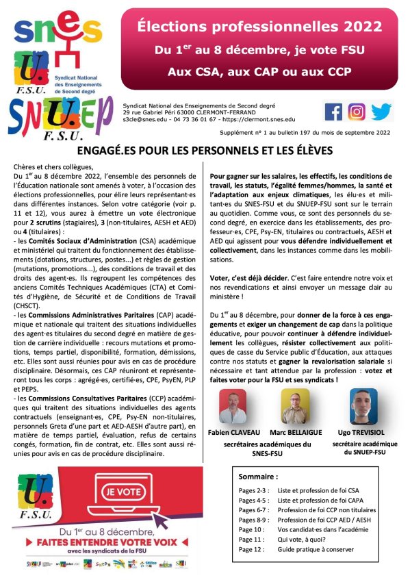 Supplément n°1 au bulletin 197 de septembre 2022