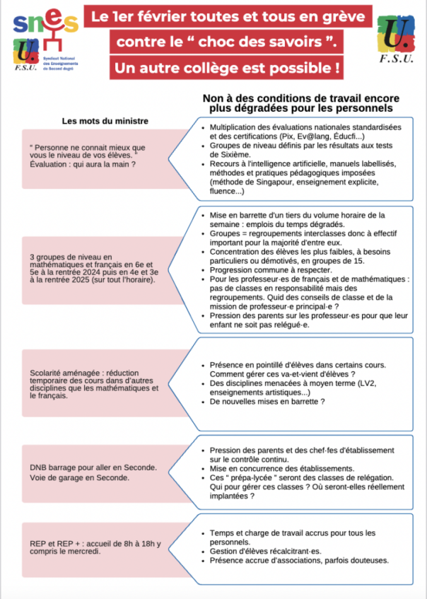 Annonces d'Attal au collège : un tract SNES-FSU pour informer et (…)