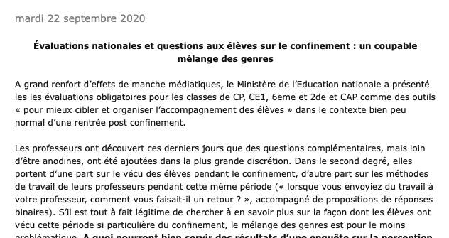 Évaluations nationales et questions aux élèves sur le confinement : un (…)