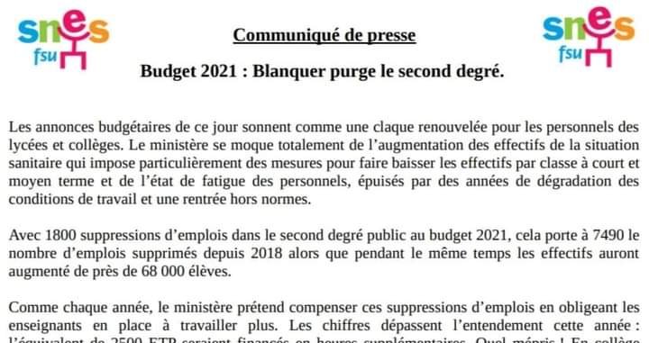 Communiqué de presse « Budget 2021 : Blanquer purge le second degré »