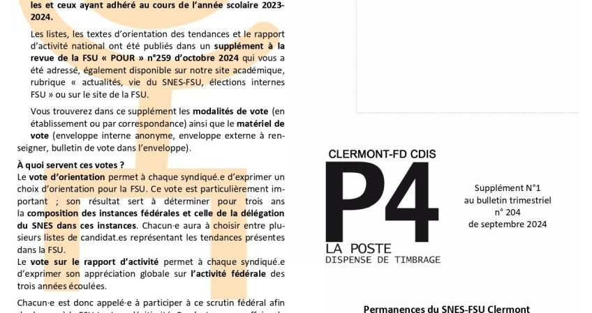 Supplément n°1 au bulletin 204 spécial Elections FSU